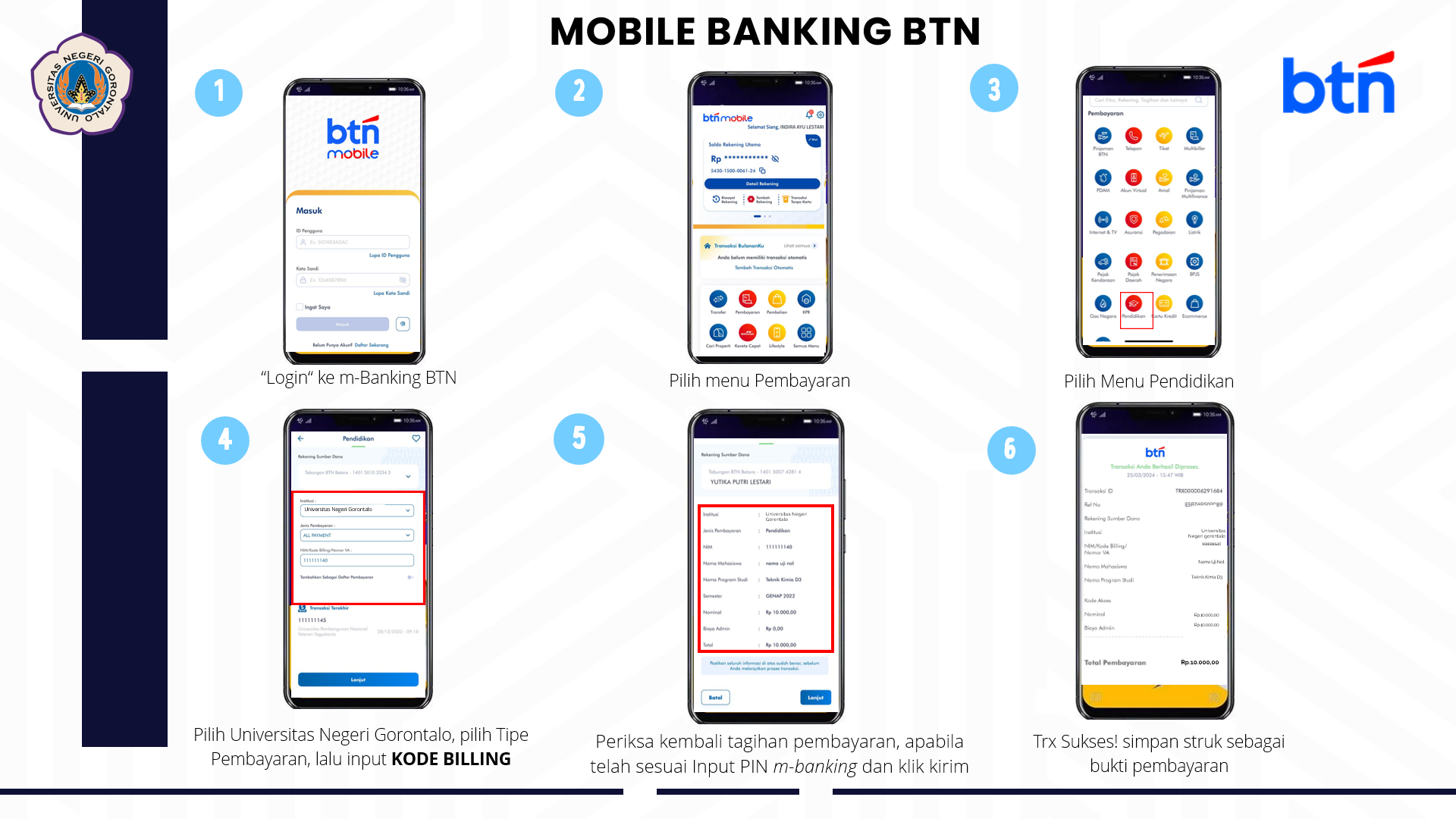 Tata cara pembayaran biaya pendidikan UNG melalui Mobile Banking BTN